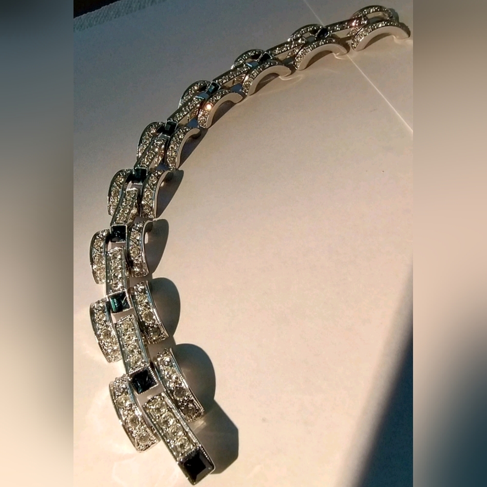 Vtg 90s Nolan Miller Art Deco Style Crystal Bracelet Faux Sapphire Glamour